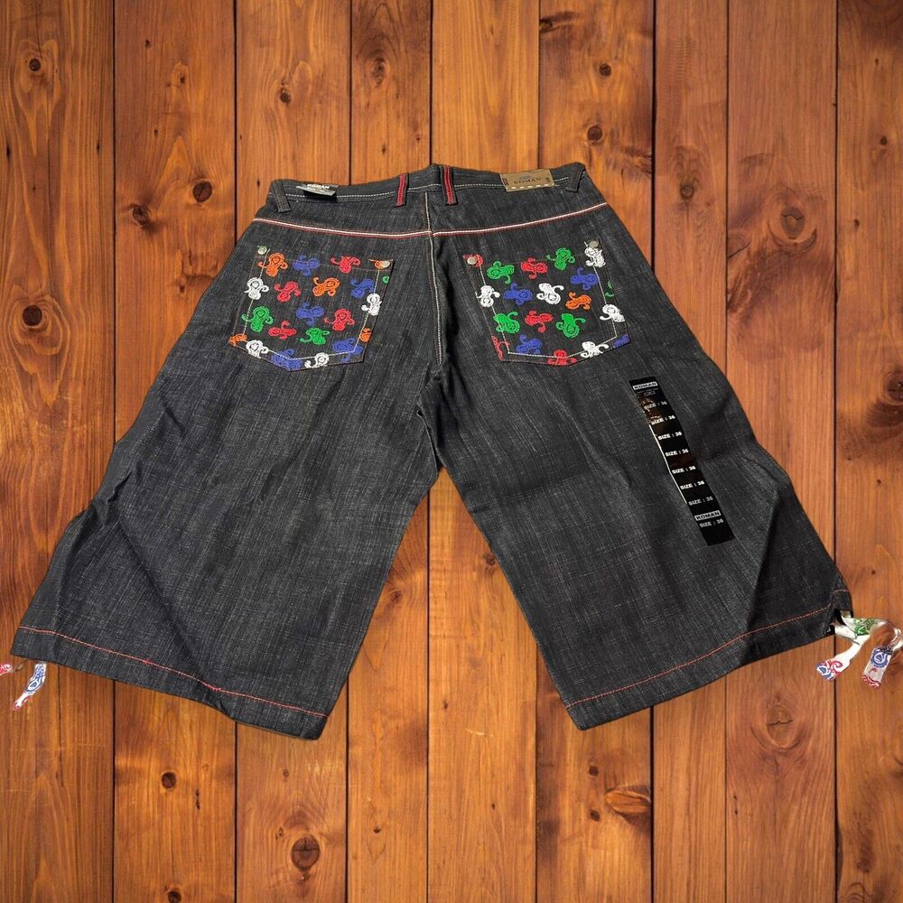 Vtg NWT Sz 32 Koman Denim Black Jeans Shorts Embellished Pockets Y2K Hip Hop